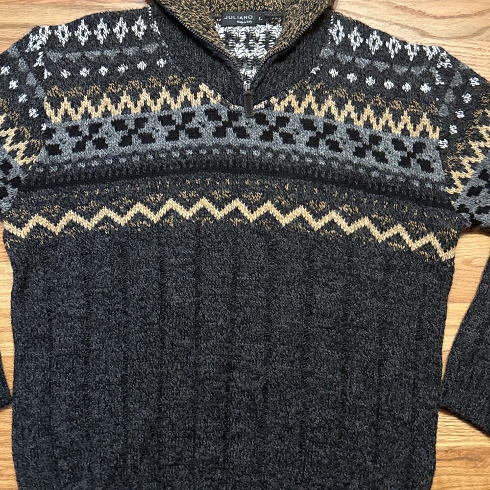 Mens Jumper Large Size JULIANO Grey Argyle Wool Italy Henley Sweater Pullover - Picture 4 of 8